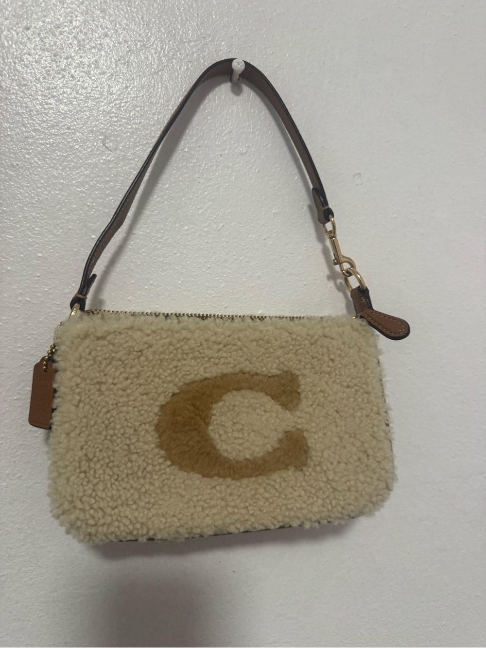 Coach Shearling Wristlet in Cream with Tan 'C' Detailu